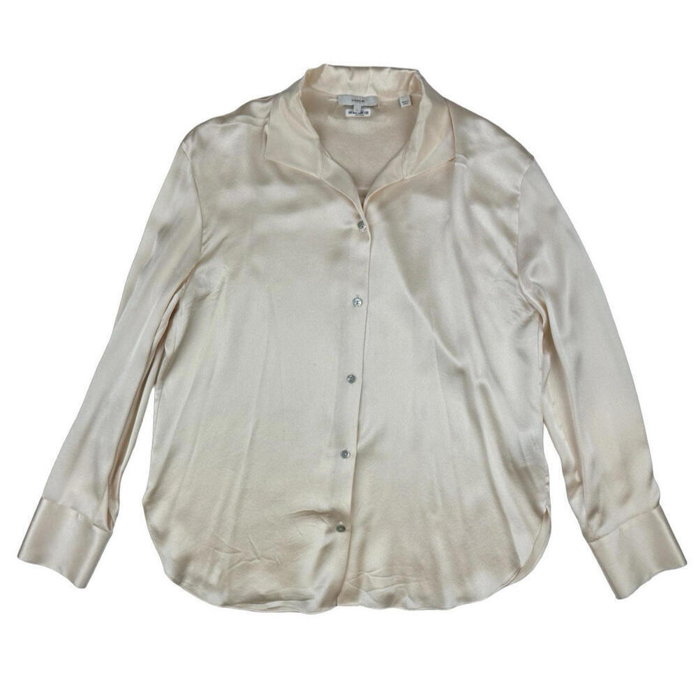 Vince Collared Satin Silk Button-down Blouse Beige Size L
